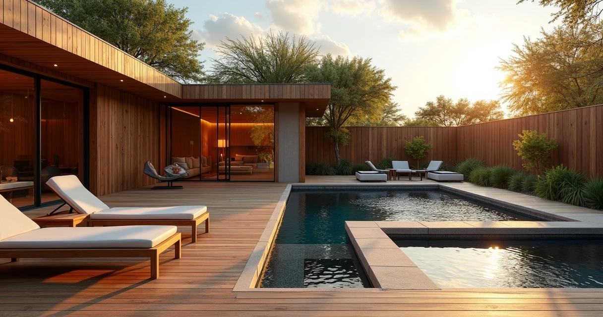 Modern outdoor sauna beside pool and wooden deck at sunset 