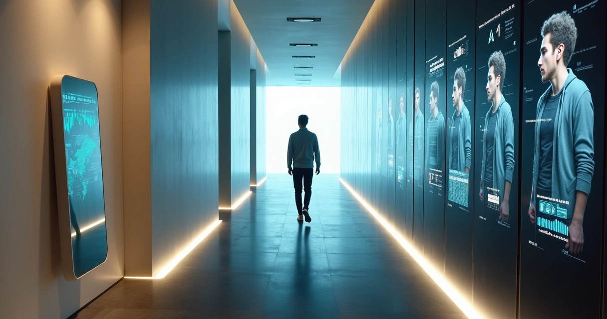 Person walking through a glowing corridor of reflections and screens 