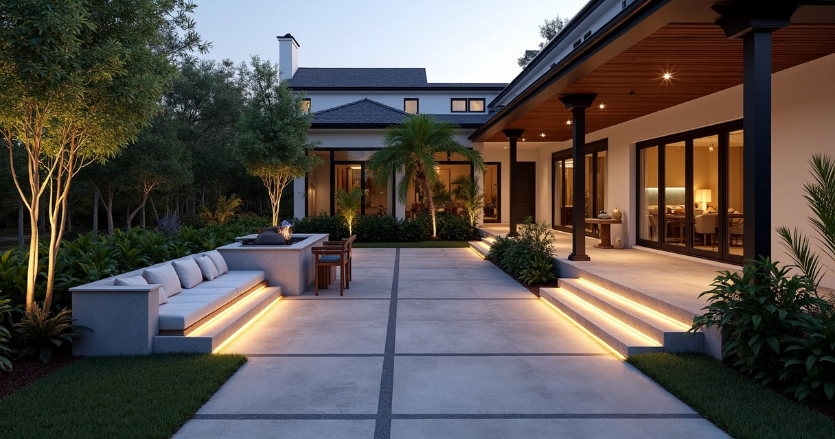 Modern Central Florida patio with upgraded pavers and ambient lighting 