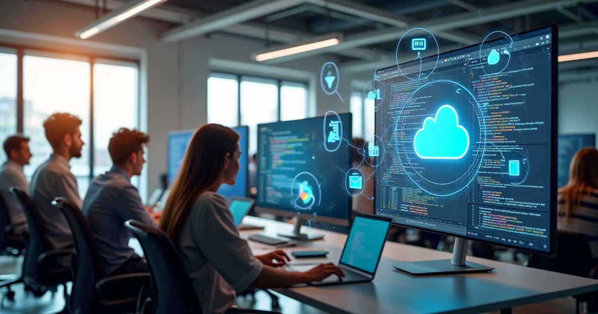 Team of professionals collaborating in a bright modern office with digital devices and code on screens 