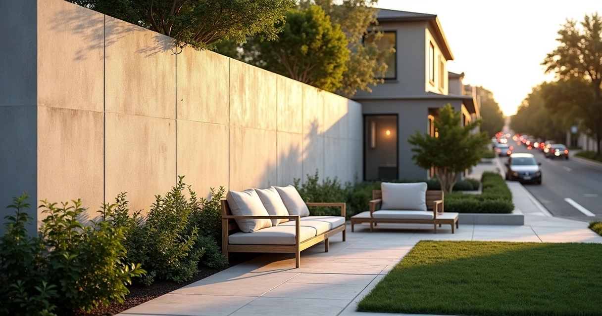 Tall solid wall with outdoor seating and lush plants