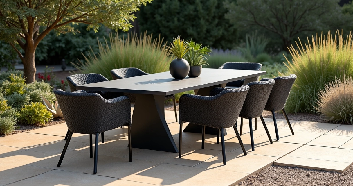 Powder-coated steel furniture, patio view