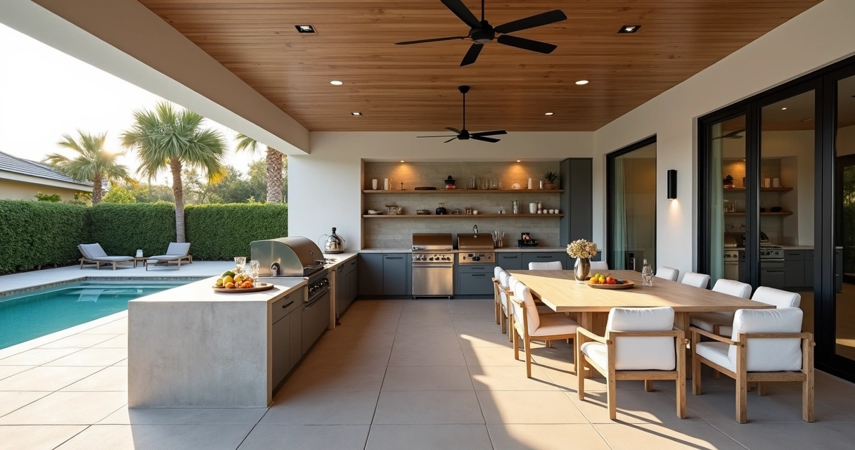 Contemporary outdoor summer kitchen on covered Florida patio 