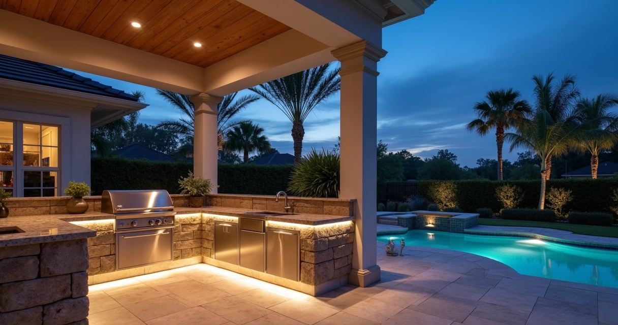 Modern outdoor kitchen with integrated low-voltage lighting at dusk 