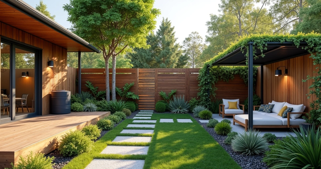 Sustainable backyard design with solar lights and a rainwater collection barrel