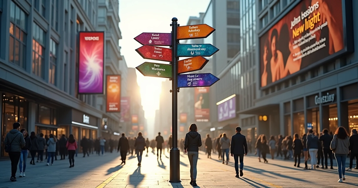 Modern signpost displaying various spiritual practice icons on a city background. 