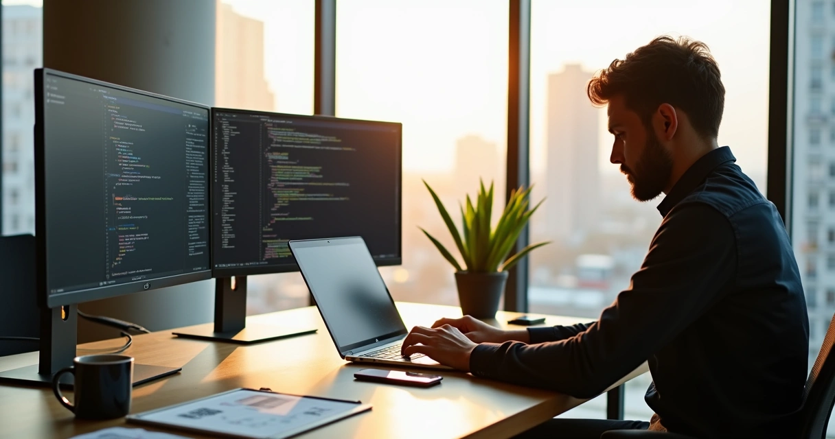 Senior engineer working remotely with modern technology devices and coffee mug 