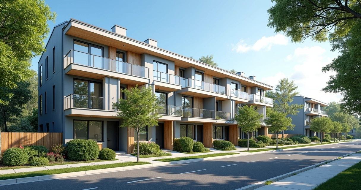 Row of modern multi-level townhomes with shared walls under clear blue sky 