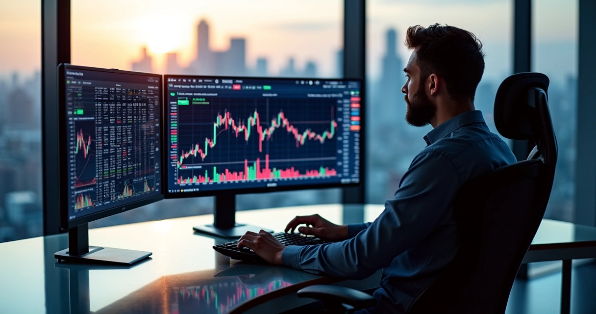 Trader desk setup with multiple monitors and financial charts