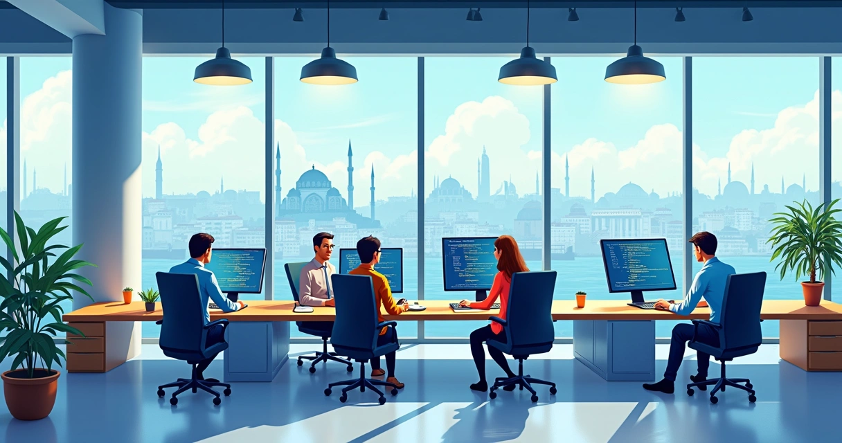 Modern Turkish tech office with diverse young team collaborating 