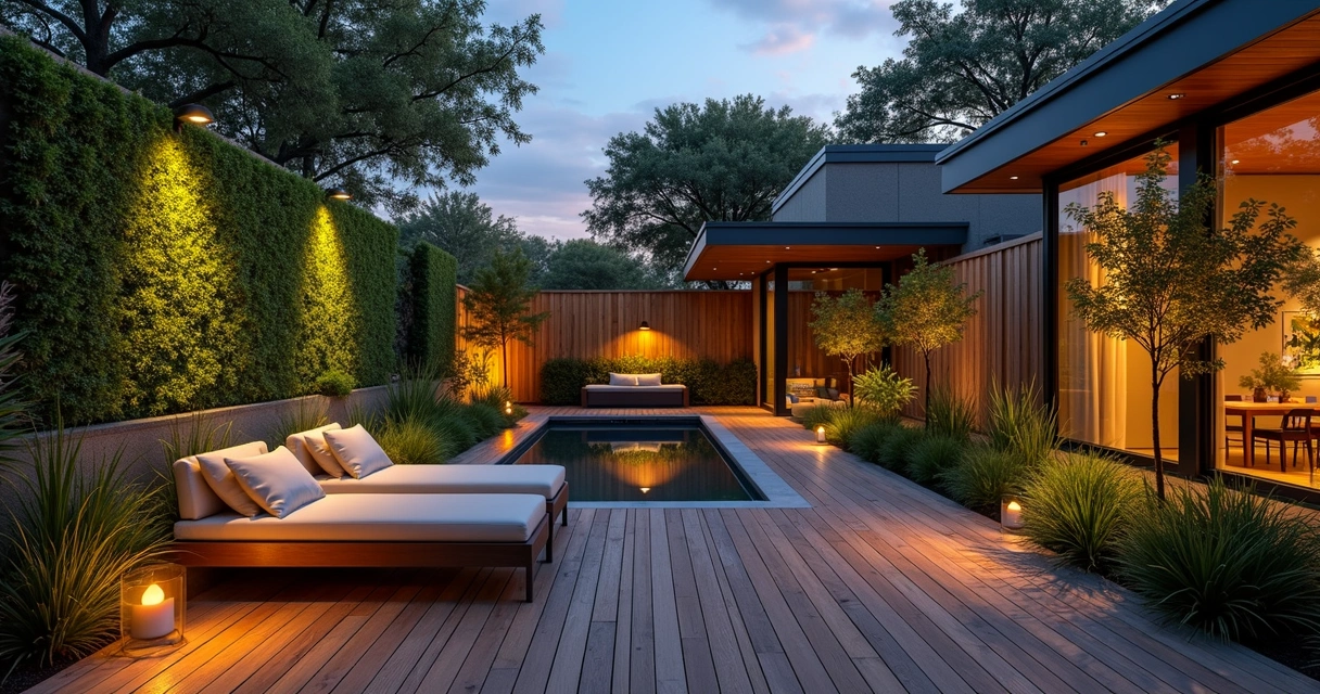 Small urban backyard with lush plants, wooden deck, and modern outdoor seating 