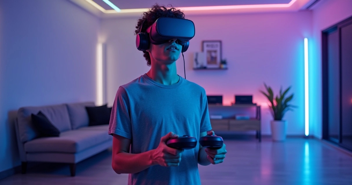Modern gaming room with VR headset, wireless controllers, and neon lights 