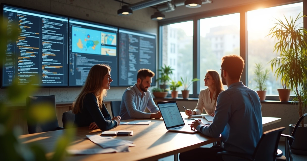 Web development team collaborating in a modern office, discussing application design. 