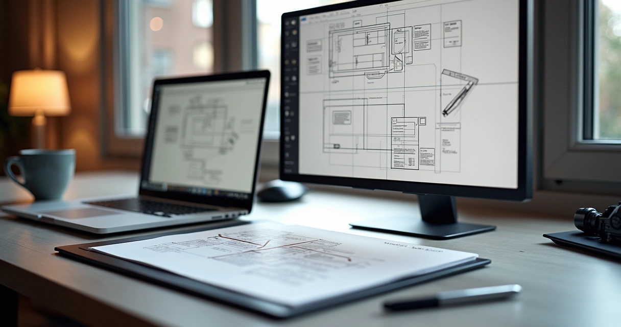 Desktop screen showing wireframe sketches, user flows, and design notes 