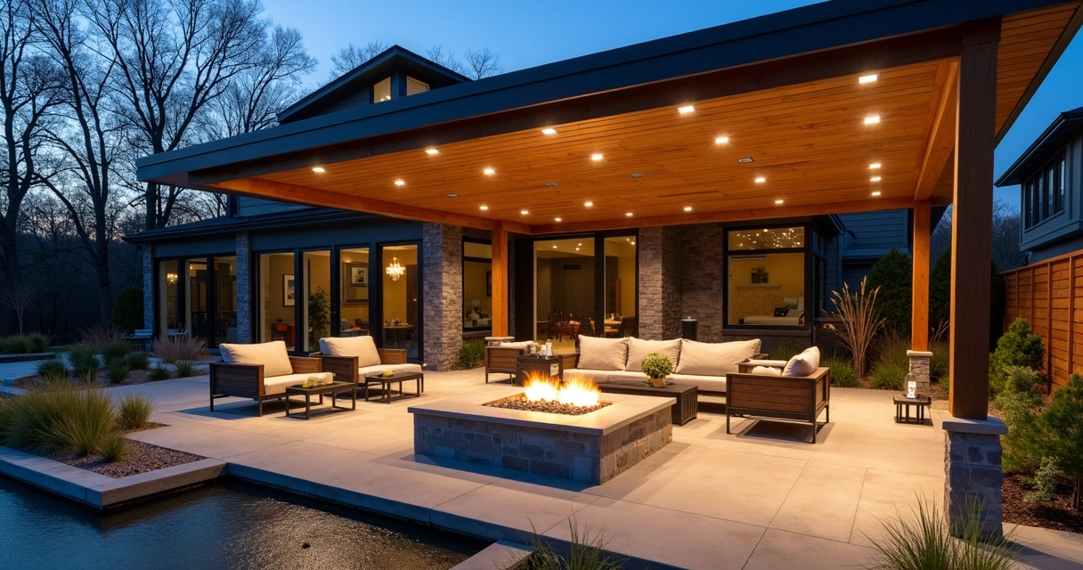 Large modern patio with a covered pergola, fire pit, and seating area