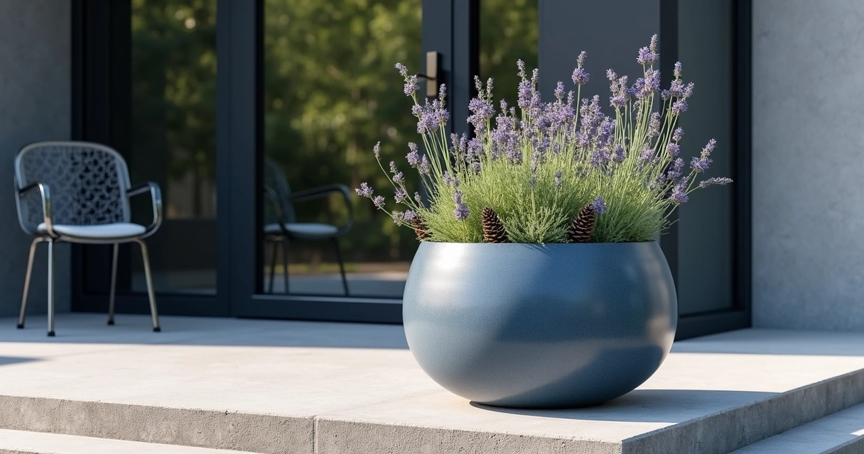 Modern blue winter planter with silver foliage and pinecones