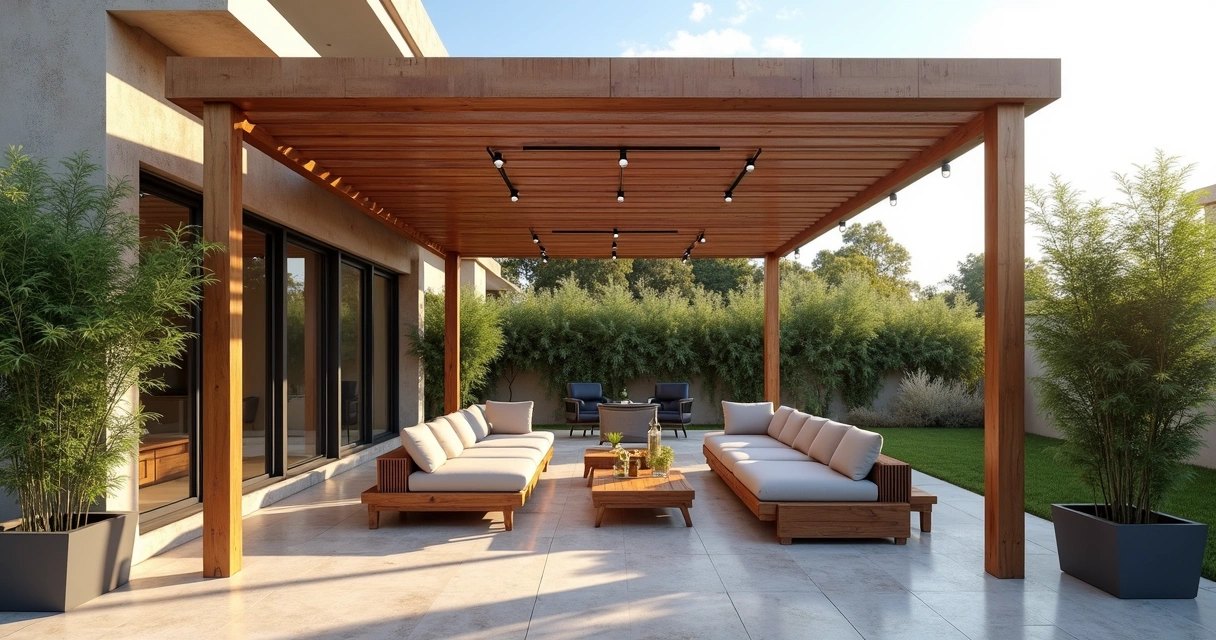Modern wooden pergola over patio with chairs 