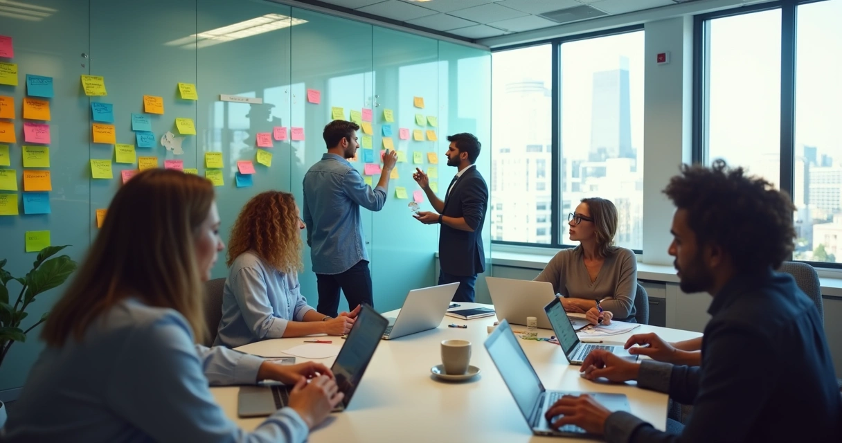 Employees sitting in casual workspace collaborating on ideas 