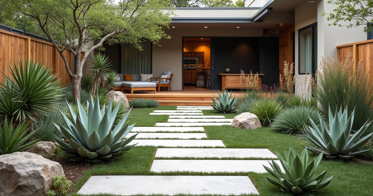 Modern low-water backyard with drought-tolerant plants and minimalist patio 