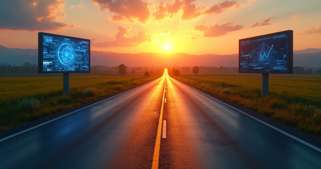 Dois caminhos divergentes em uma estrada, um com sinalização digital e outro vazio 