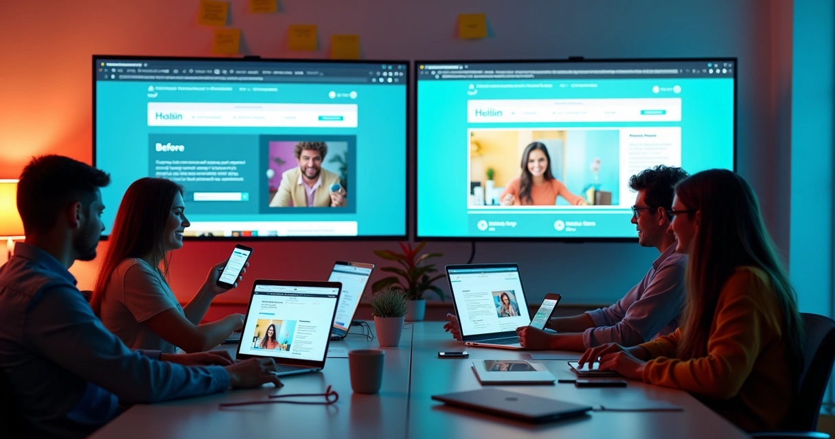 Equipe revisando design moderno de site em telas variadas 