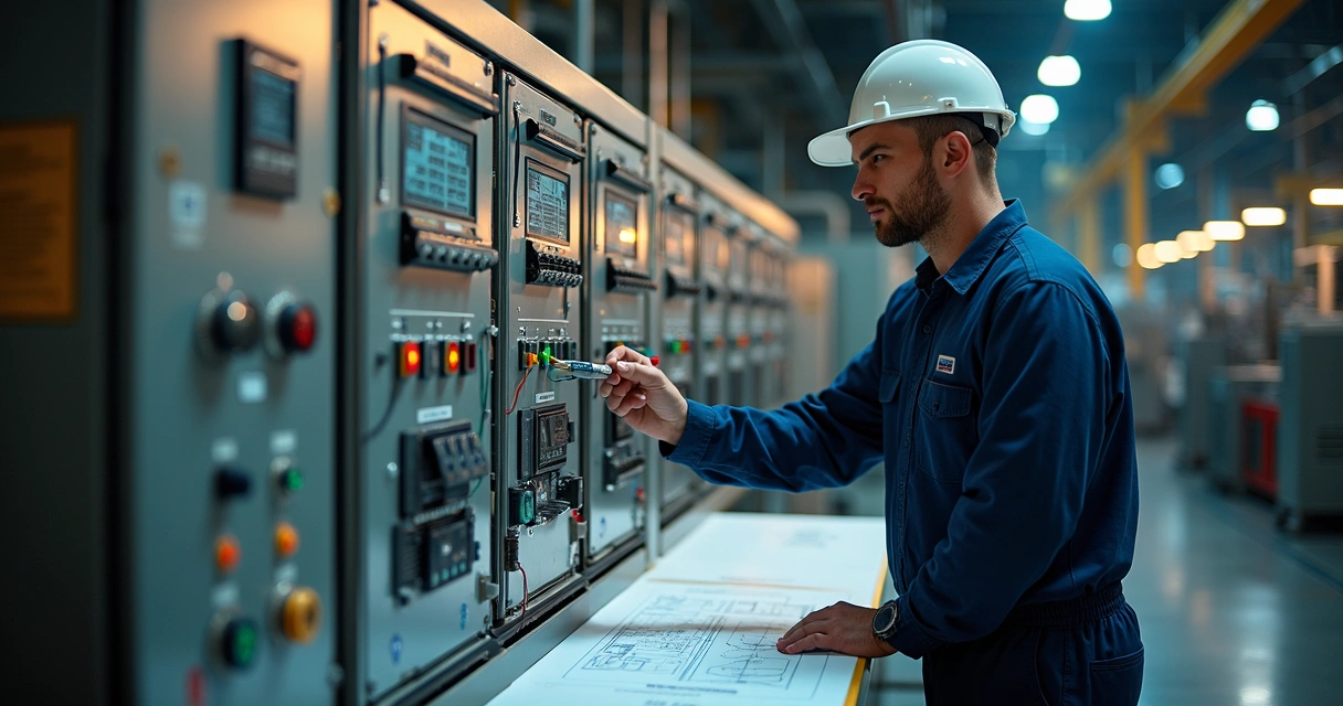 Técnico realizando modernização de painel elétrico industrial. 