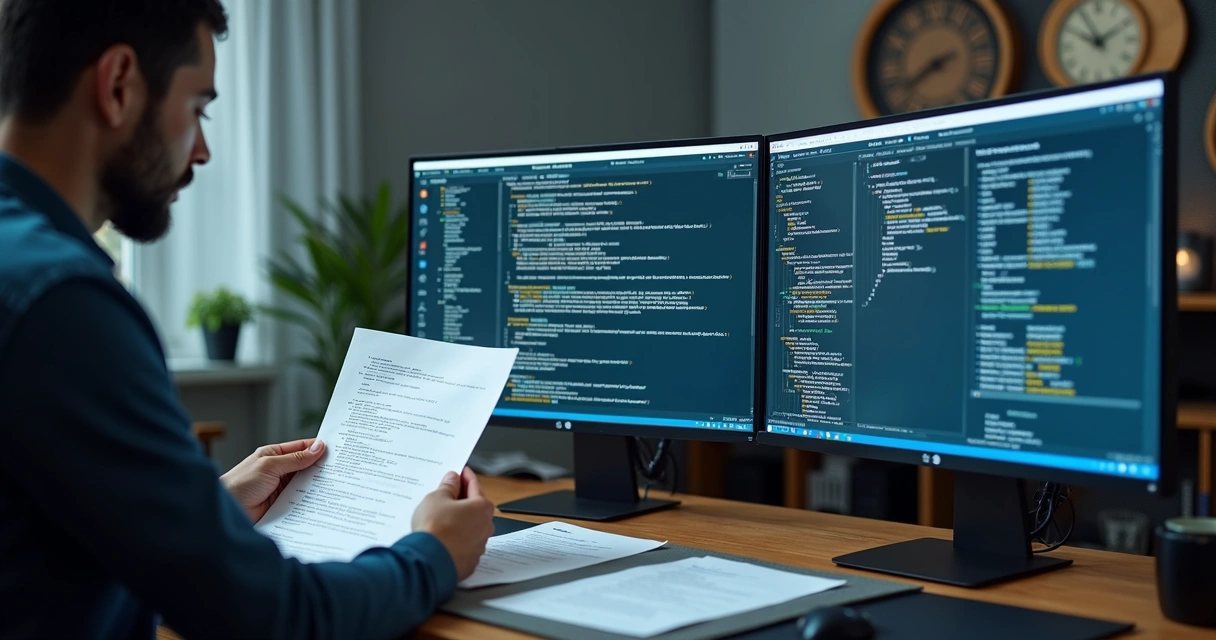Developer reviewing old PHP code beside a monitor displaying a modern Laravel app interface 