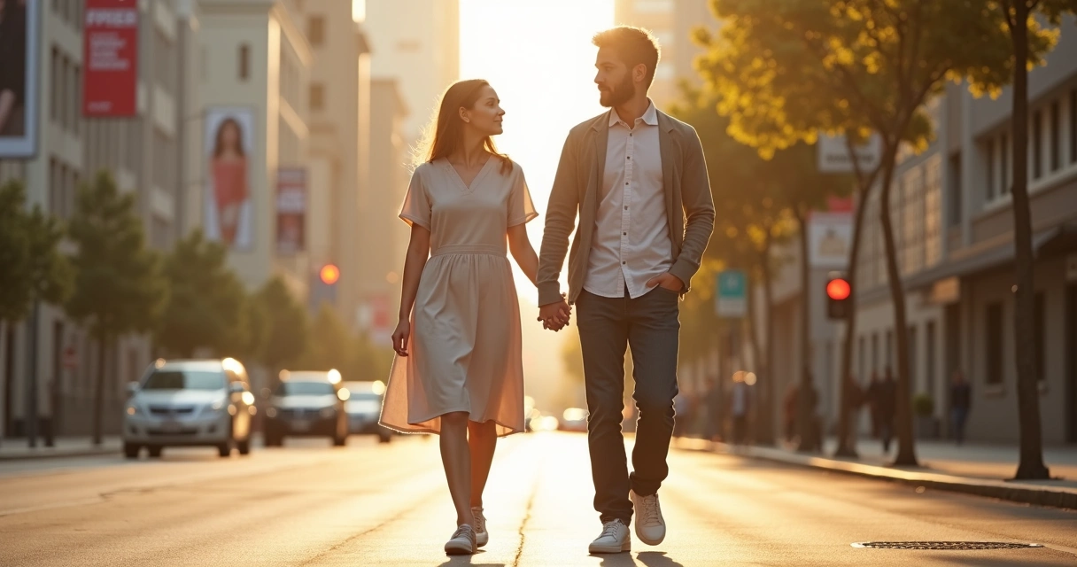 Casal cristão caminhando de forma discreta em rua urbana ao entardecer 