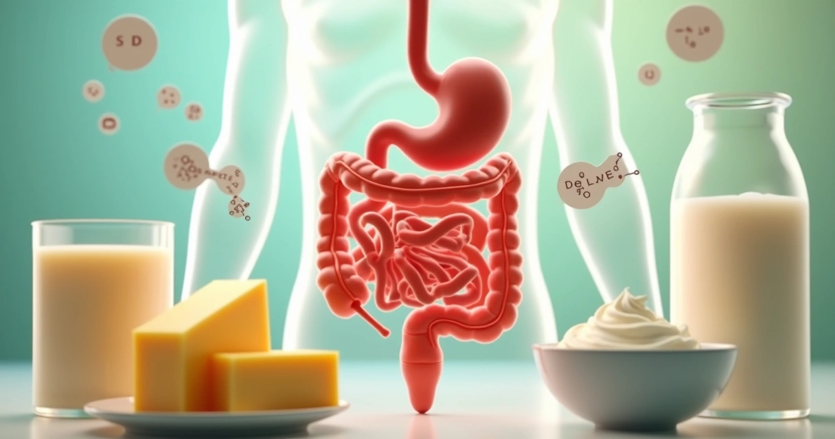 Ilustração realista do sistema digestivo com destaque para intestino e alimentos lácteos ao redor 