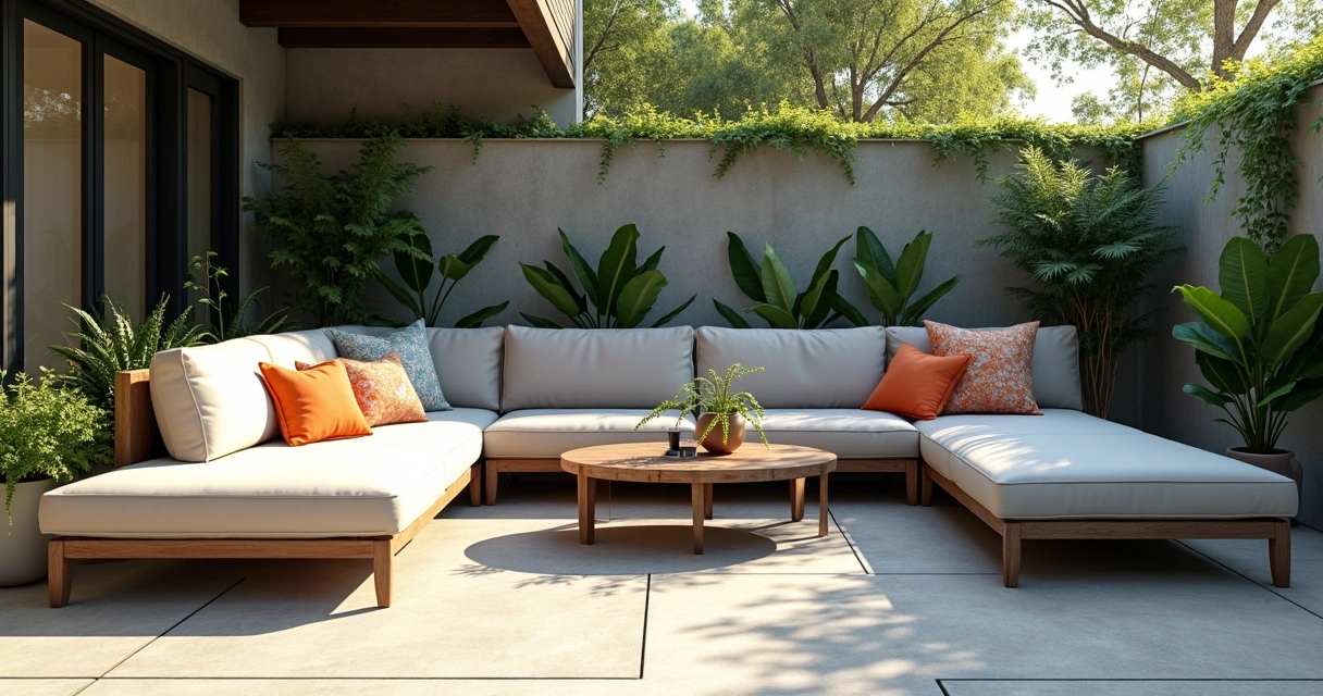 Outdoor patio modular sectional sofas and tables in a sunny garden 