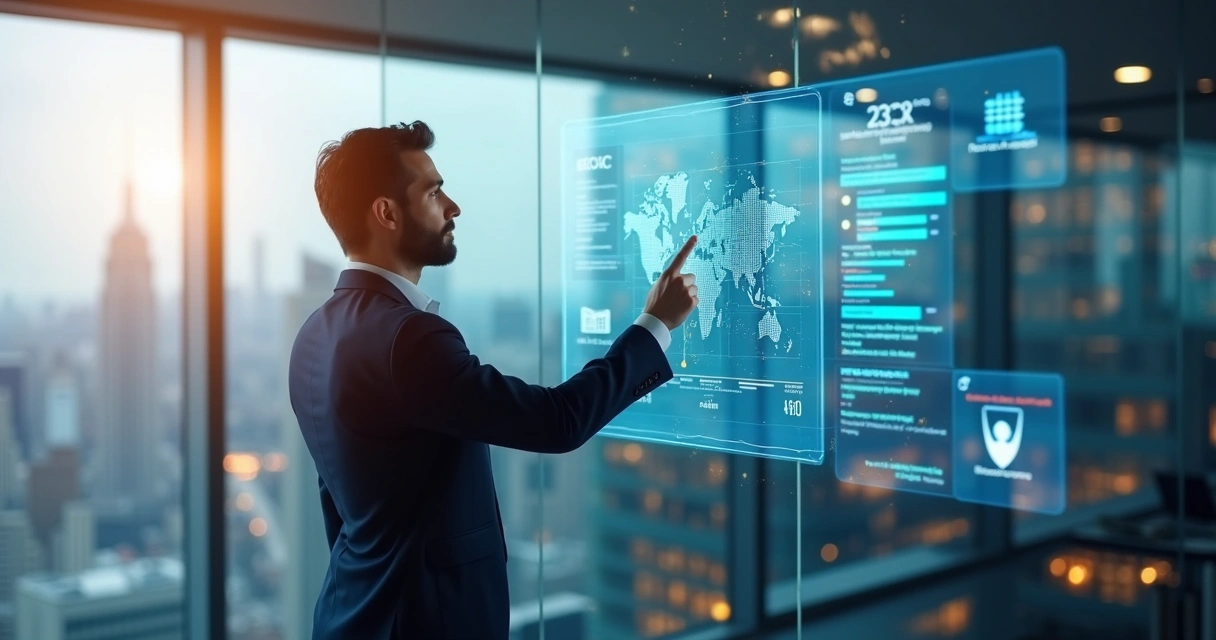 Treasury manager choosing software modules on a transparent digital board