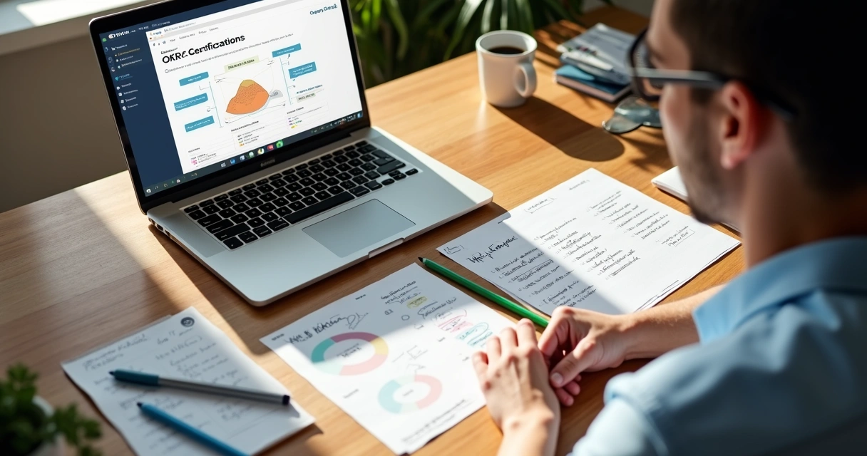Homem assistindo módulo de OKR no notebook, mesa de trabalho com anotações. 