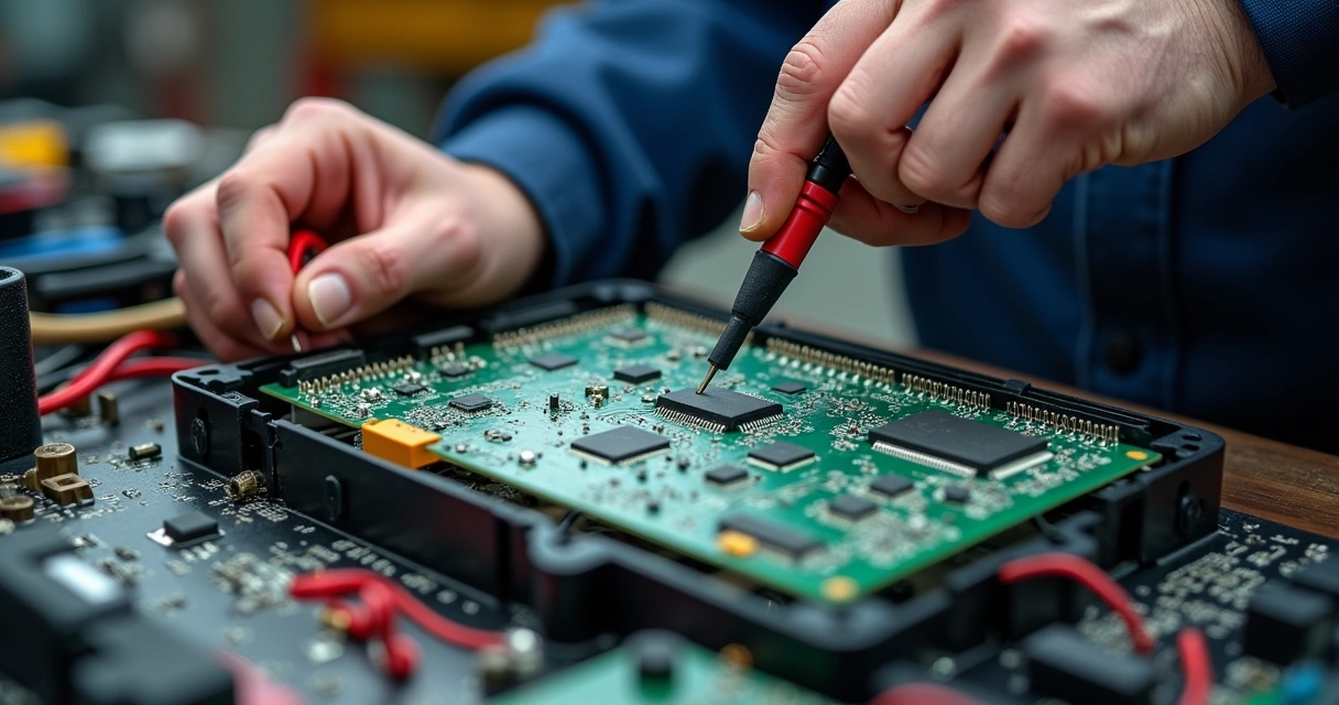 Módulo eletrônico caminhão aberto mostrando componentes internos 