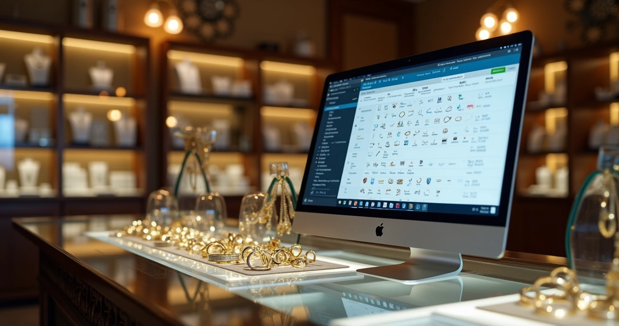 Tela de sistema mostrando controle de estoque de joias com detalhes 