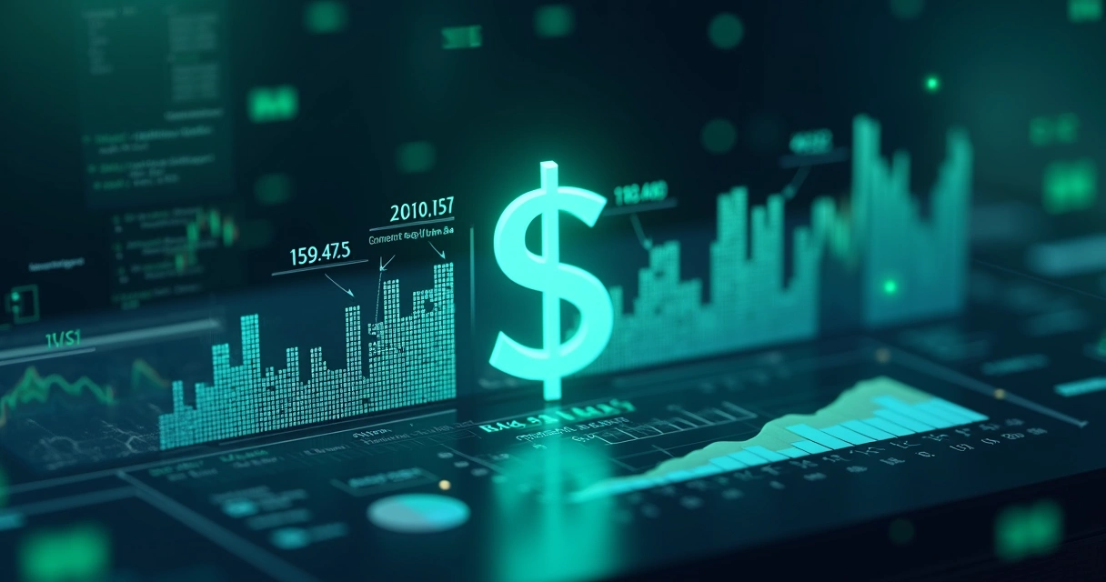 Gráfico financeiro com símbolo de cifrão, números em crescimento e fundo digital 