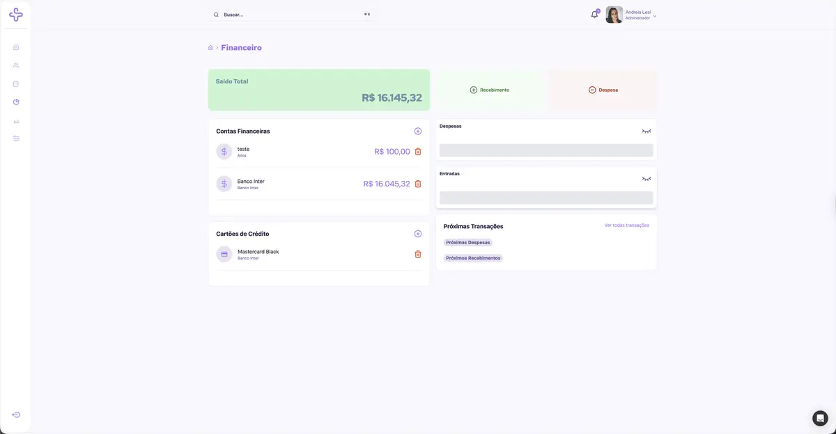 Tela do módulo financeiro do sistema Mais Terapias mostrando saldo total, contas financeiras, cartão de crédito e próximas transações
