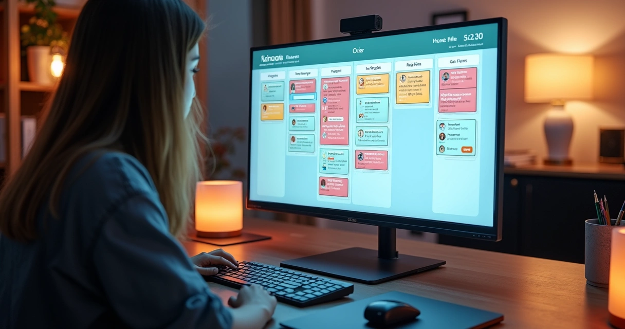 Quadro Kanban digital em Notion com cores para tarefas e prazos 