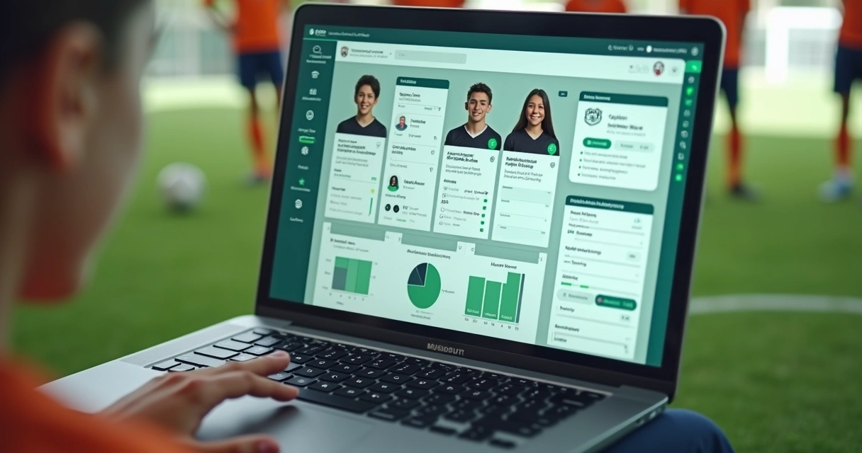 Tela de sistema com estatísticas e progresso de alunos de futebol 