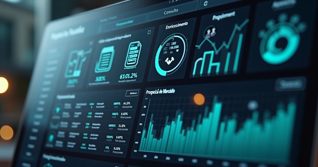 Painel digital exibindo módulos de enriquecimento, consulta e análise de mercado 