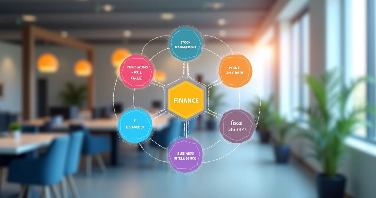 Representação visual dos principais módulos do ERP em círculos interligados.