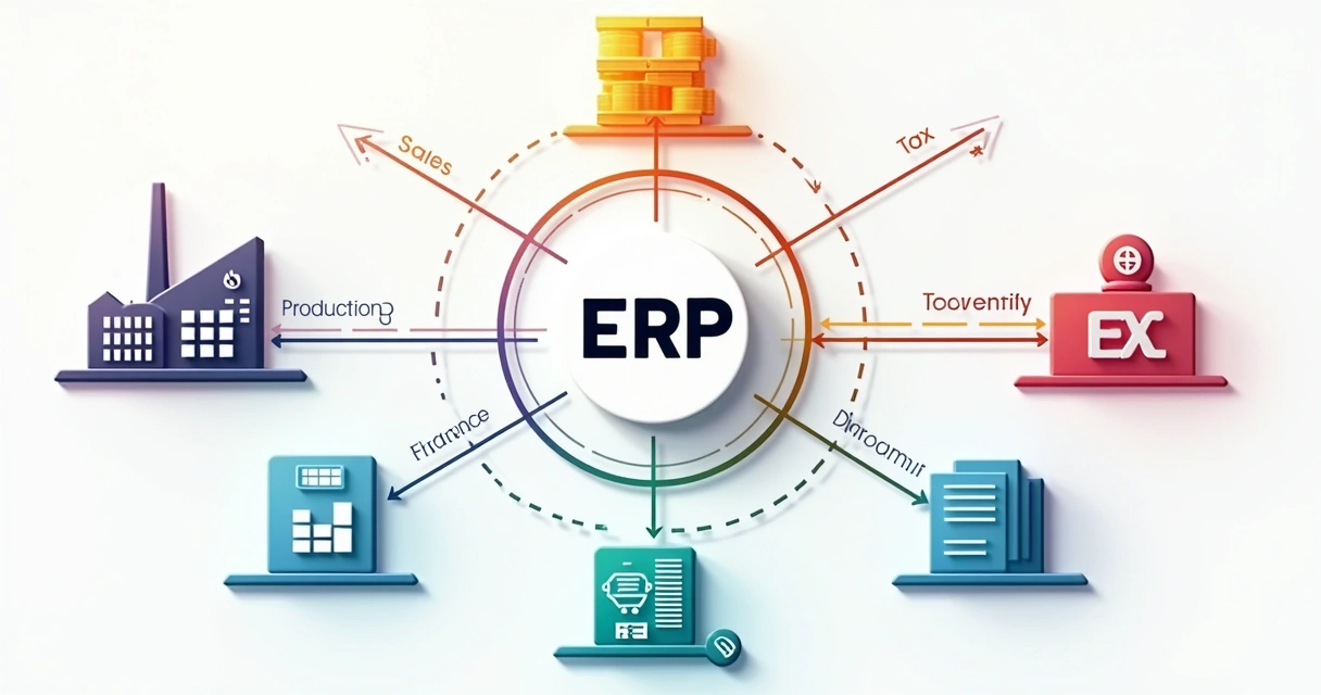 Diagrama colorido mostrando módulos ERP como produção, estoque e financeiro integrados