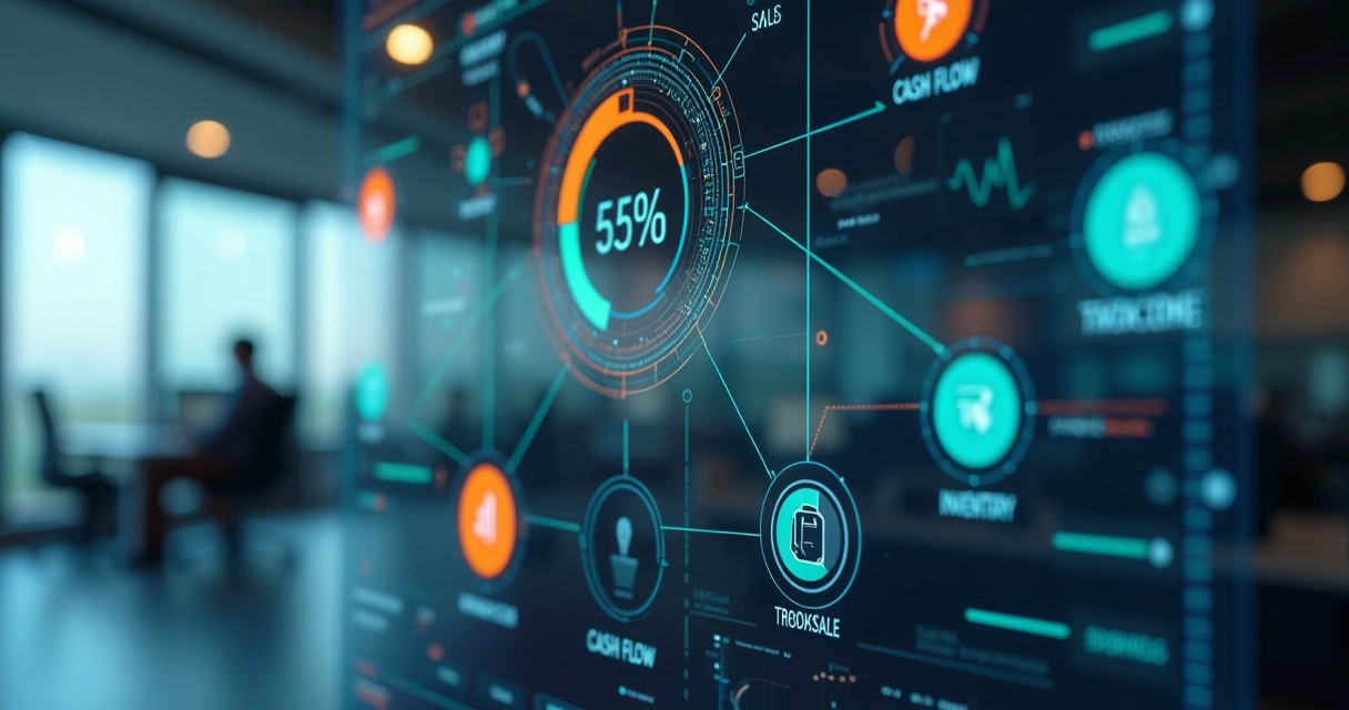 Visão superior de módulos financeiros integrados em interface digital