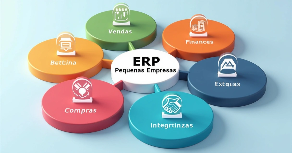 Círculo com módulos ERP conectados por setas coloridas 