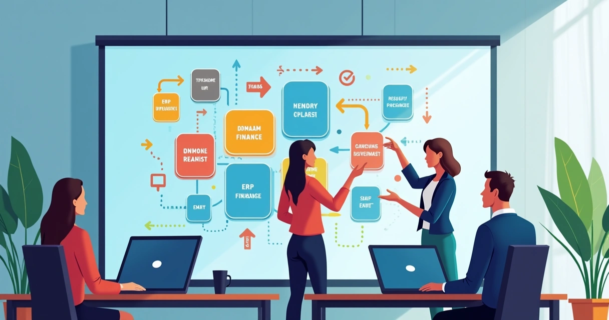 Tela digital mostrando vários módulos de um sistema ERP, como estoque, financeiro, compras e RH, conectados por setas coloridas. 