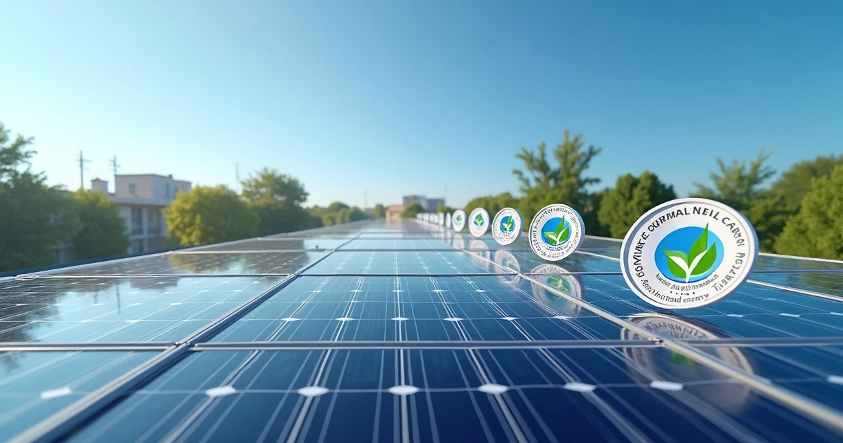 Módulos solares instalados em telhado com selo de certificação destacando qualidade e sustentabilidade 