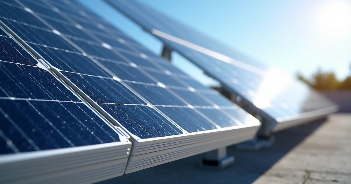 Painéis solares HJT, TOPCon e PERC instalados em campo sob luz do sol intensa, mostrando detalhes das células solares em painel ultra-detalhado 