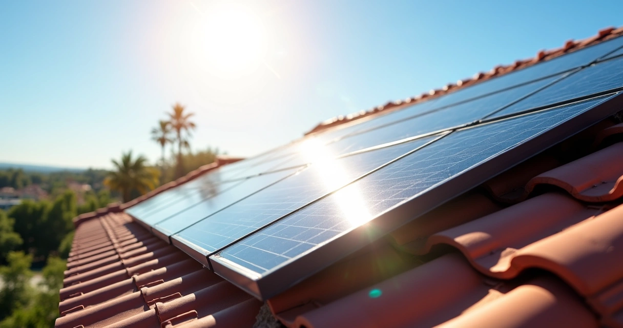 Módulos solares potentes instalados em telhado 