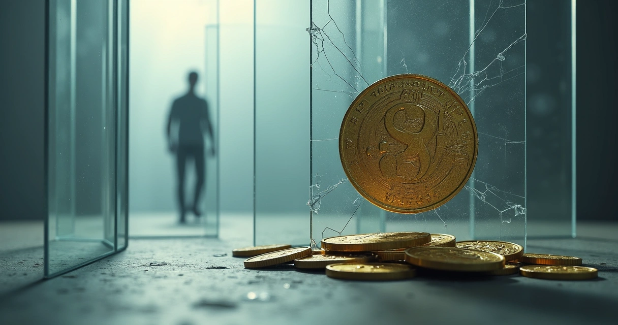 Moeda caindo sobre barreiras simbólicas que representam limitações subconscientes 
