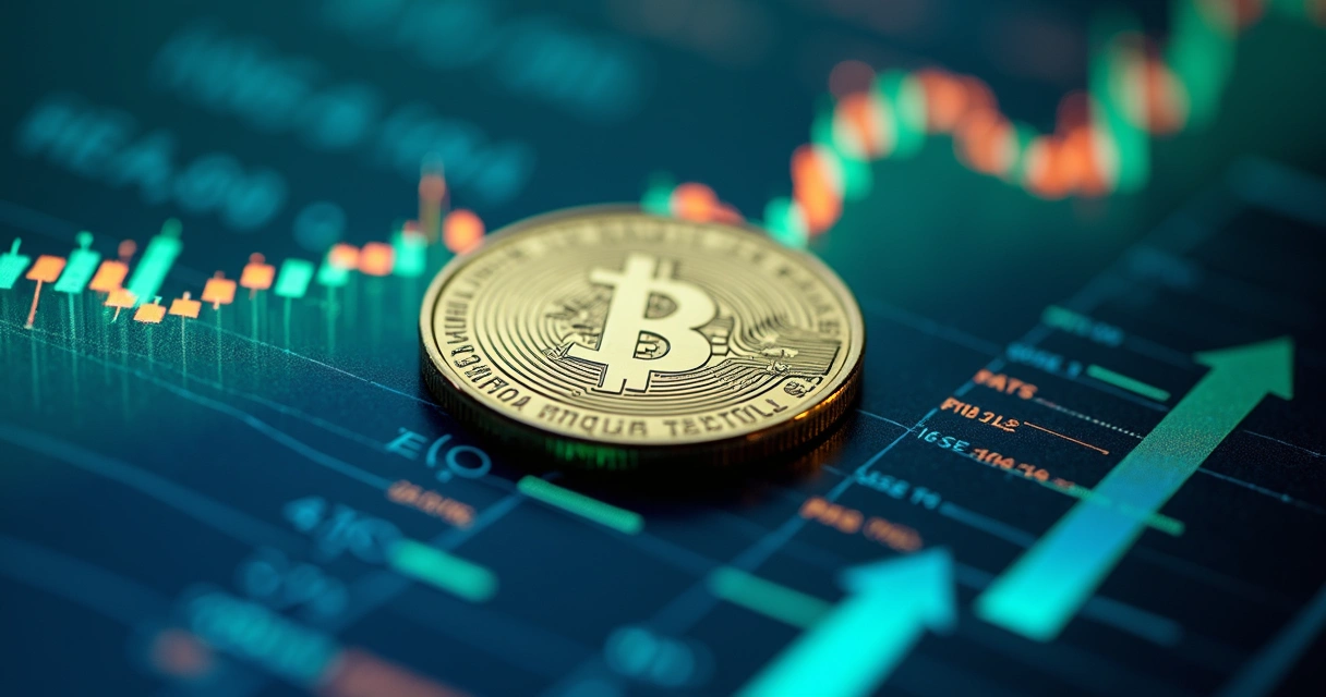 Moeda brasileira sobre gráficos financeiros digitais com números e indicadores econômicos ao fundo 