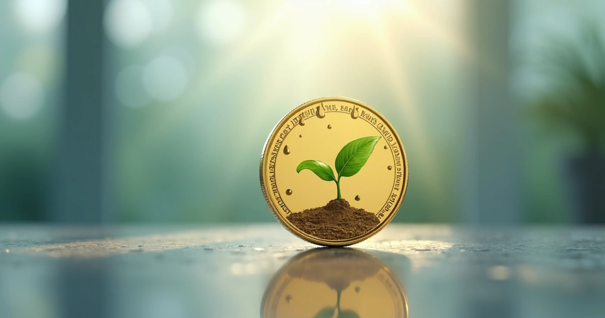 Moeda dourada de dois lados, uma metade com lágrimas, outra com broto de planta recém-nascido. 